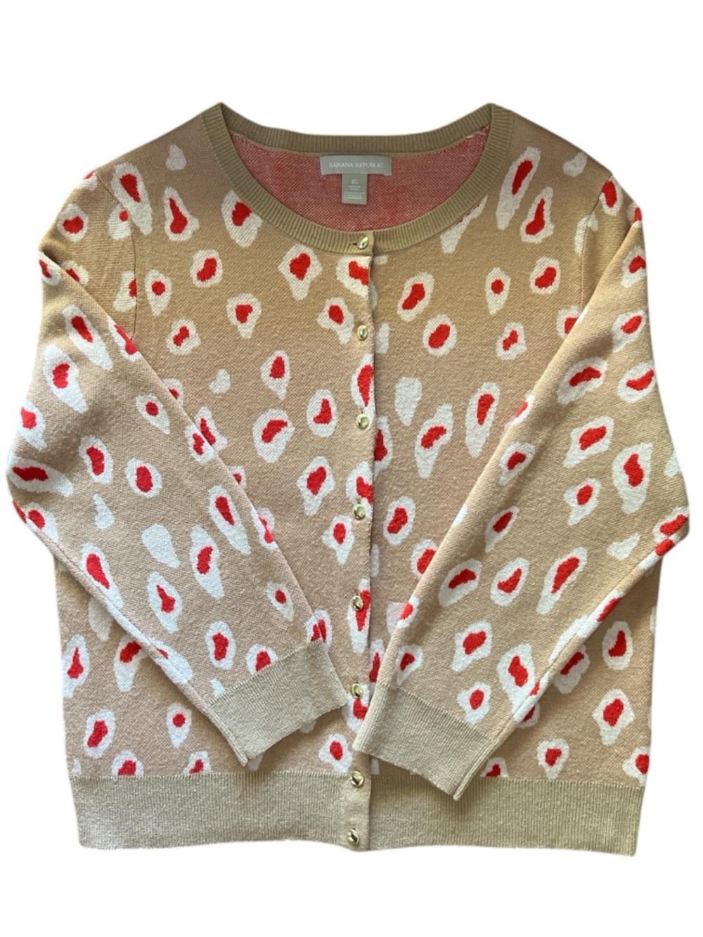 Banana Republic Beige Cardigan with Red and Cream Spot Print XL - Picture 2 of 8